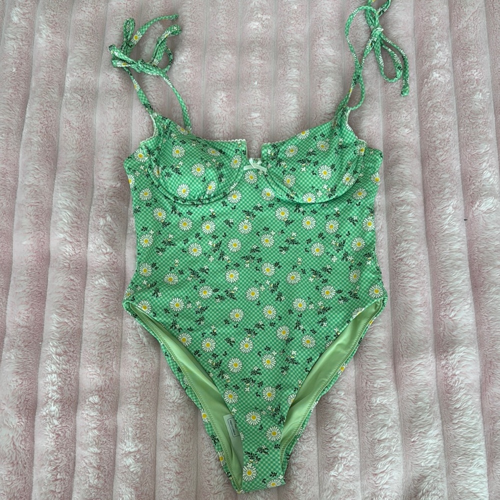 Urban Outfitters Green Floral One Piece Swimsuit